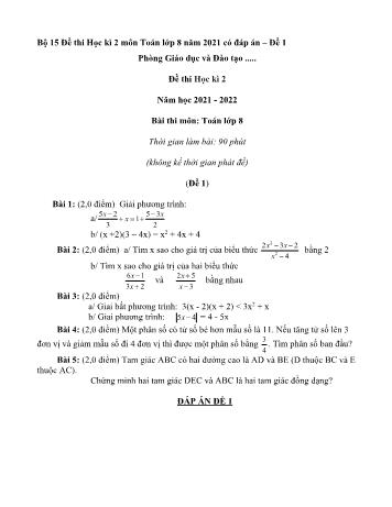 15 Đề thi học kì 2 môn Toán Lớp 8 - Năm học 2021-2022 (Có đáp án)