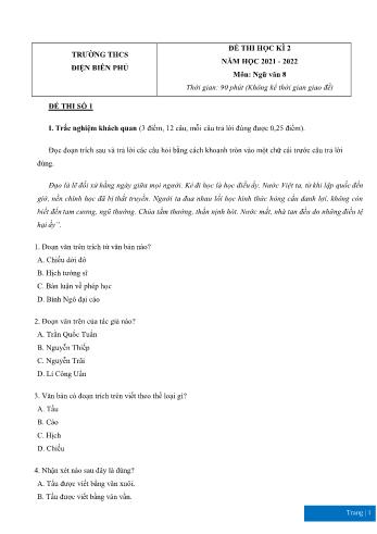 3 Đề thi học kì 2 môn Ngữ văn Lớp 8 - Năm học 2021-2022 - Trường THCS Điện Biên Phủ (Có đáp án)