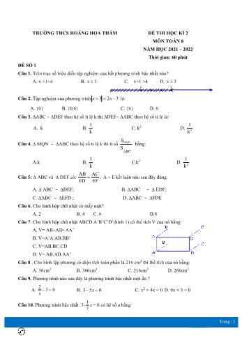5 Đề thi học kì 2 môn Toán Lớp 8 - Năm học 2021-2022 - Trường THCS Hoàng Hoa Thám (Có đáp án)