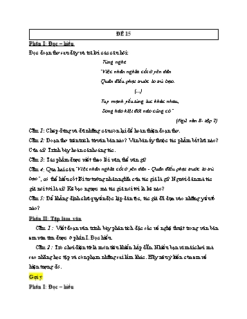Bộ 20 đề kiểm tra môn Ngữ văn Lớp 8 - Học kỳ 2 - Đề 15 (Có gợi ý)