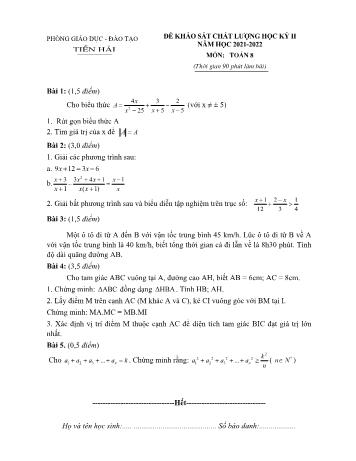 Đề khảo sát chất lượng học kỳ II môn Toán Lớp 8 - Năm học 2021-2022 - Phòng Giáo dục và Đào tạo Tiền Hải (Có đáp án)