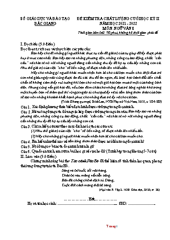 Đề kiểm tra chất lượng cuối học kỳ II môn Ngữ văn 8 - Năm học 2021-2022 - Sở Giáo dục và Đào tạo Bắc Giang (Có đáp án)