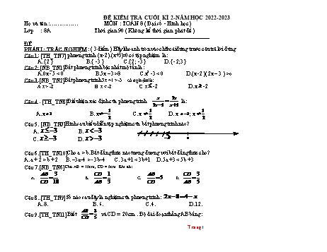 Đề kiểm tra cuối học kì 2 môn Toán Lớp 8 - Năm học 2022-2023 (Có đáp án)