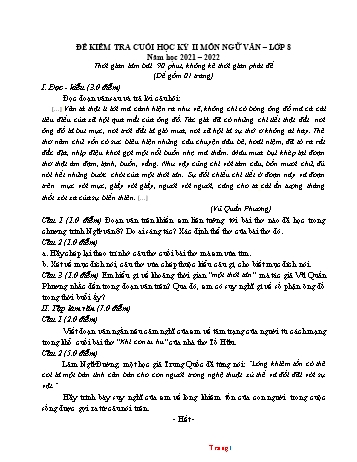 Đề kiểm tra cuối học kì II môn Ngữ văn Lớp 8 - Năm học 2021-2022 (Có đáp án)
