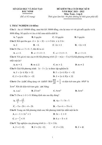 Đề kiểm tra cuối học kì II môn Toán Lớp 8 - Năm học 2021-2022 - Sở Giáo dục và Đào tạo Bắc Ninh (Có đáp án)