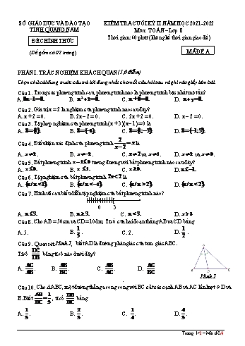 Đề kiểm tra cuối kỳ II môn Toán Lớp 8 - Năm học 2021-2022 - Sở GD và ĐT tỉnh Quảng Nam - Mã đề A (Kèm đáp án)