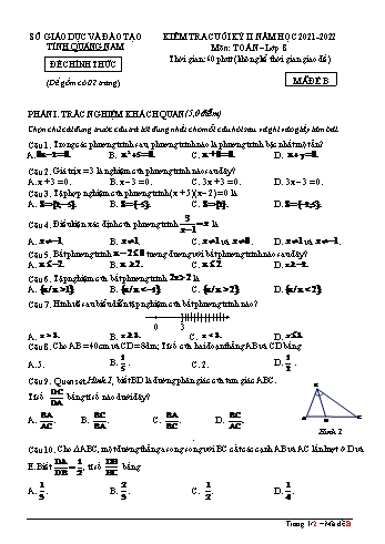 Đề kiểm tra cuối kỳ II môn Toán Lớp 8 - Năm học 2021-2022 - Sở GD và ĐT tỉnh Quảng Nam - Mã đề B (Kèm đáp án)