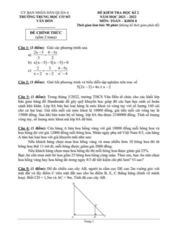 Đề kiểm tra học kì 2 môn Toán Khối 8 - Năm học 2021-2022 - Trường THCS Vân Đồn