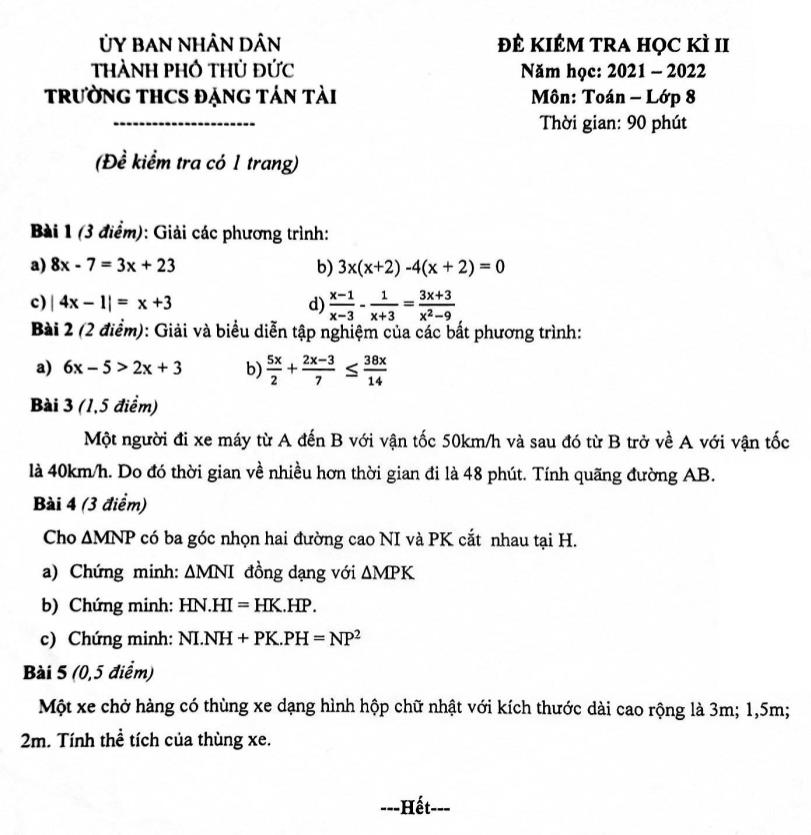 Đề kiểm tra học kì II môn Toán Lớp 8 - Năm học 2021-2022 - Trường THCS Đặng Tấn Tài