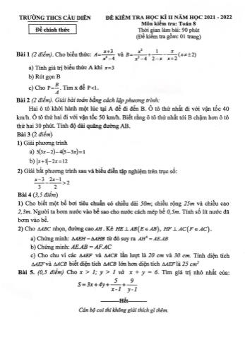 Đề kiểm tra học kỳ II môn Toán Lớp 8 - Năm học 2021-2022 - Trường THCS Cầu Diễn