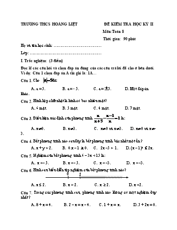 Đề kiểm tra học kỳ II môn Toán Lớp 8 - Trường THCS Hoàng Liệt