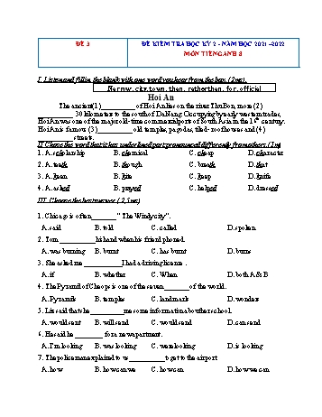 Bộ 4 đề kiểm tra học kỳ 2 môn Tiếng Anh Lớp 8 - Năm học 2021-2022 - Đề 3 (Có đáp án)