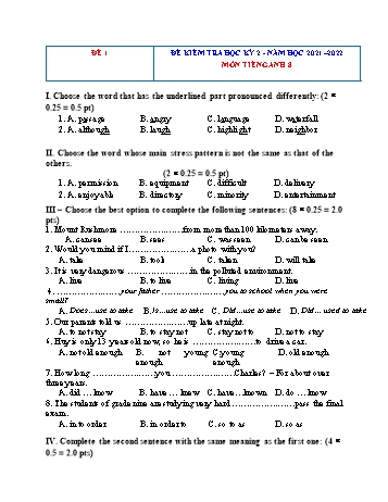 Bộ 4 đề kiểm tra học kỳ 2 môn Tiếng Anh Lớp 8 - Năm học 2021-2022 - Đề 1 (Có đáp án)
