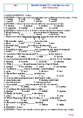 Bộ 4 đề kiểm tra học kỳ 2 môn Tiếng Anh Lớp 8 - Năm học 2021-2022 - Đề 4 (Có đáp án)
