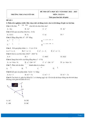 Bộ 4 đề thi giữa học kì 1 môn Toán Lớp 8 - Năm học 2022-2023 - Trường THCS Nguyễn Du (Có đáp án)