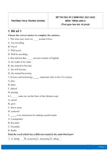 Bộ 5 đề thi học kì 2 môn Tiếng Anh Lớp 8 - Năm học 2021-2022 - Trường THPT Trưng Vương (Có đáp án)