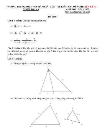 Bộ 7 đề kiểm tra đề nghị giữa kỳ II môn Toán Lớp 8 - Năm học 2021-2022 - Trường THCS Thực hành Sài Gòn