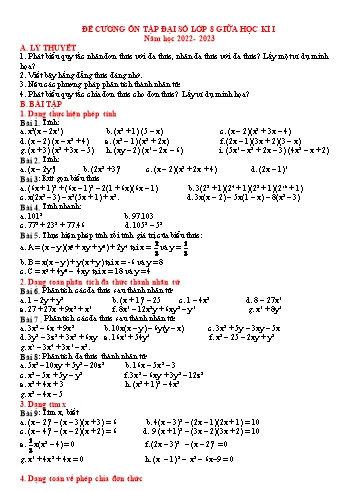 Đề cương ôn tập giữa học kì I môn Toán Lớp 8 (Đại số) - Năm học 2022-2023