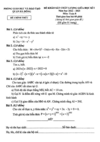 Đề khảo sát chất lượng giữa học kì I môn Toán Lớp 8 - Năm học 2022-2023 - Phòng GD&ĐT Quận Hà Đông (Có đáp án)