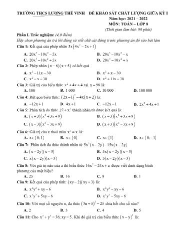 Đề khảo sát chất lượng giữa kỳ I môn Toán Lớp 8 - Năm học 2021-2022 - Trường THCS Lương Thế Vinh