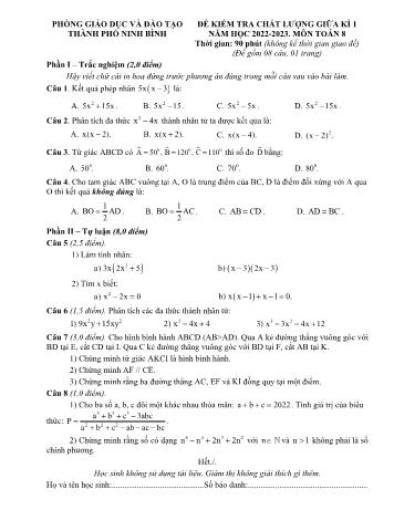 Đề kiểm tra chất lượng giữa học kì 1 môn Toán Lớp 8 - Năm học 2022-2023 - Phòng GD&ĐT Thành phố Ninh Bình (Có đáp án)