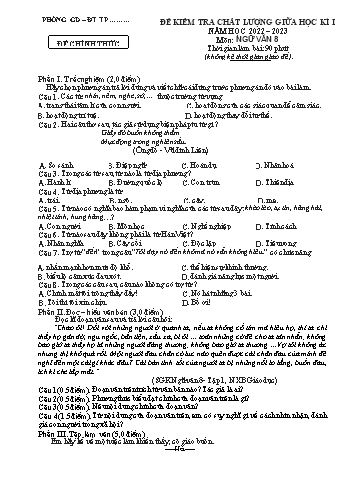 Đề kiểm tra chất lượng giữa học kì I môn Ngữ văn Lớp 8 - Năm học 2022-2023 (Có đáp án)