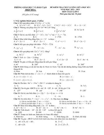 Đề kiểm tra chất lượng giữa học kì I môn Toán Lớp 8 - Năm học 2022-2023 - Phòng GD&ĐT Hiệp Hòa (Có đáp án)