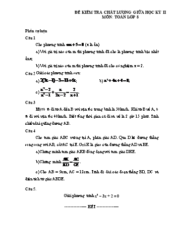 Đề kiểm tra chất lượng giữa học kì II môn Toán Lớp 8 (Có đáp án)