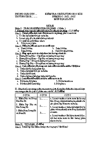 Đề kiểm tra chất lượng học kì II môn Địa lý Lớp 8 - Năm học 2021-2022 - Đề 1 (Có đáp án)