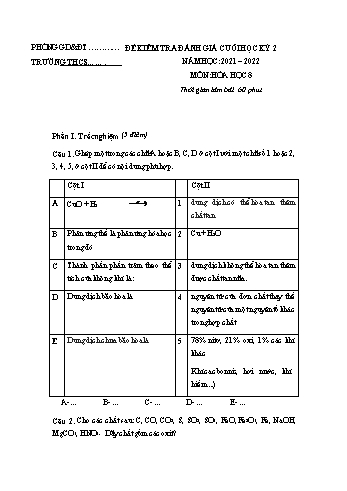 Đề kiểm tra đánh giá cuối học kỳ 2 môn Hóa học Lớp 8 - Năm học 2021-2022 - Đề 4 (Có đáp án)