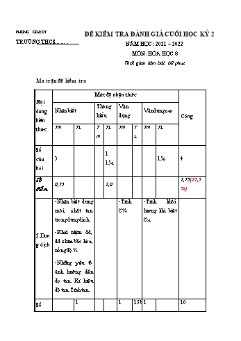 Đề kiểm tra đánh giá cuối học kỳ 2 môn Hóa học Lớp 8 - Năm học 2021-2022 - Đề 3 (Có đáp án)