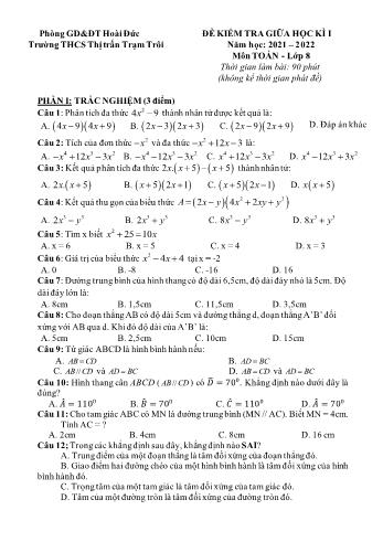Đề kiểm tra giữa học kì I môn Toán Lớp 8 - Năm học 2021-2022 - Trường THCS Thị trấn Trạm Trôi
