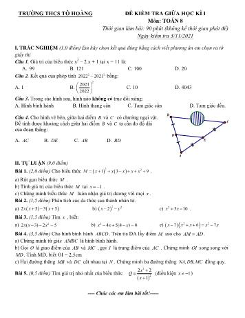 Đề kiểm tra giữa học kì I môn Toán Lớp 8 - Năm học 2021-2022 - Trường THCS Tô Hoàng (Có đáp án)