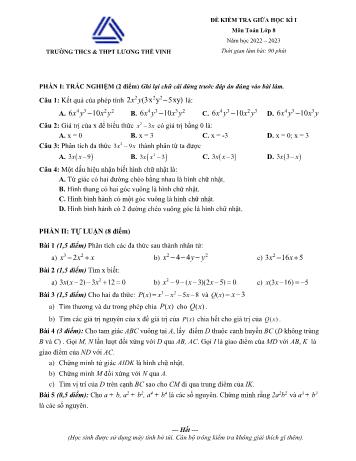 Đề kiểm tra giữa học kì I môn Toán Lớp 8 - Năm học 2022-2023 - Trường THCS & THPT Lương Thế Vinh (Có đáp án)