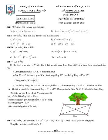 Đề kiểm tra giữa học kỳ 1 môn Toán Lớp 8 - Năm học 2022-2023 - Trường THCS Giảng Võ (Có đáp án)
