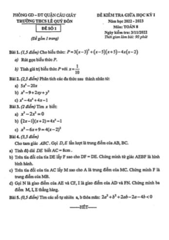 Đề kiểm tra giữa học kỳ 1 môn Toán Lớp 8 - Năm học 2022-2023 - Trường THCS Lê Quý Đôn