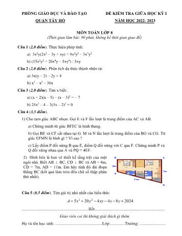 Đề kiểm tra giữa học kỳ I môn Toán Lớp 8 - Năm học 2021-2022 - Phòng GD&ĐT Quận Tây Hồ (Có đáp án)