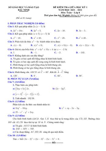 Đề kiểm tra giữa học kỳ I môn Toán Lớp 8 - Năm học 2021-2022 - Sở GD&ĐT Bắc Ninh (Có đáp án)