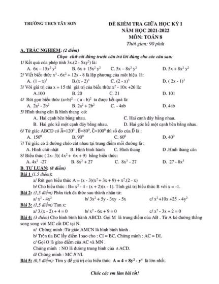 Đề kiểm tra giữa học kỳ I môn Toán Lớp 8 - Năm học 2021-2022 - Trường THCS Tây Sơn