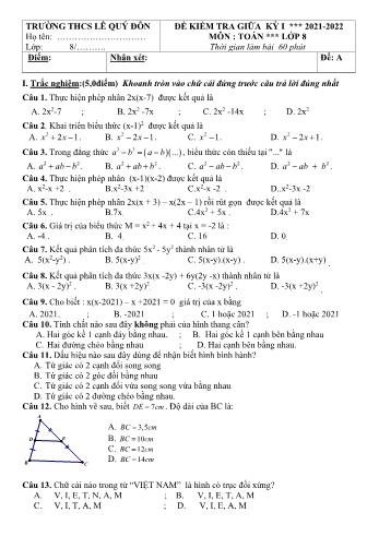 Đề kiểm tra giữa học kỳ I môn Toán Lớp 8 - Năm học 2021-2022 - Trường THCS Lê Quý Đôn (Có đáp án)