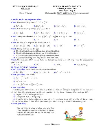 Đề kiểm tra giữa học kỳ I môn Toán Lớp 8 - Năm học 2022-2023 - Sở GD&ĐT Bắc Ninh (Có đáp án)