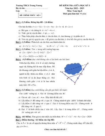 Đề kiểm tra giữa học kỳ I môn Toán Lớp 8 - Năm học 2022-2023 - Trường THCS Trưng Vương
