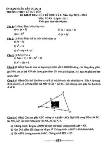 Đề kiểm tra giữa học kỳ I môn Toán Lớp 8 - Năm học 2022-2023 - Trường THCS Lê Quý Đôn