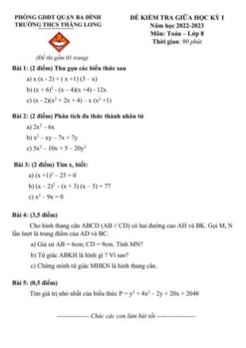 Đề kiểm tra giữa học kỳ I môn Toán Lớp 8 - Năm học 2022-2023 - Trường THCS Thăng Long (Có đáp án)