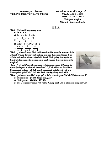 Đề kiểm tra giữa học kỳ II môn Toán Lớp 8 - Năm học 2021-2022 - Trường THCS Võ Thành Trang