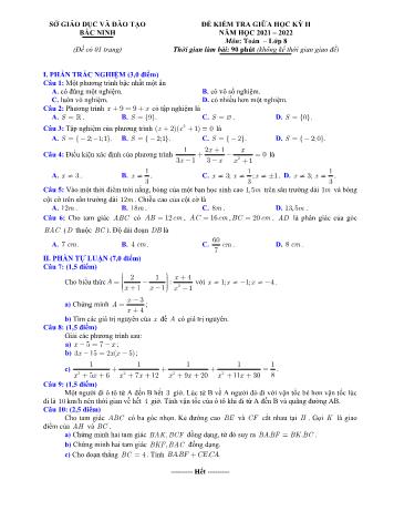 Đề kiểm tra giữa học kỳ II môn Toán Lớp 8 - Năm học 2021-2022 - Sở GD&ĐT Bắc Ninh (Có đáp án)
