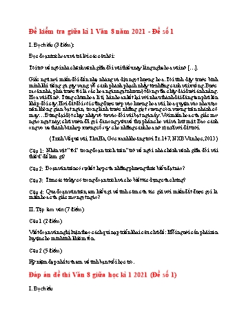 Đề kiểm tra giữa kì 1 môn Ngữ văn 8 - Năm học 2021-2022 (Có đáp án)