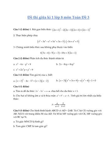 Đề kiểm tra giữa kì 1 môn Toán Lớp 8 - Đề 3 (Có đáp án)