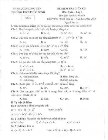 Đề kiểm tra giữa kì 1 môn Toán Lớp 8 - Năm học 2022-2023 - Trường THCS Phúc Đông