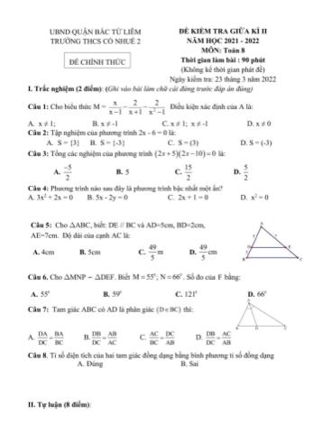 Đề kiểm tra giữa kì II môn Toán Lớp 8 - Năm học 2021-2022 - Trường THCS Cổ Nhuế 2